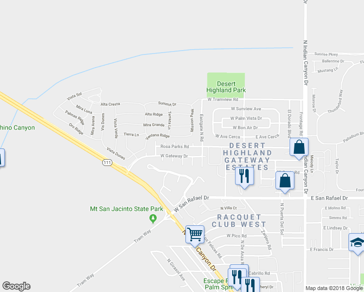map of restaurants, bars, coffee shops, grocery stores, and more near 741 Rosa Parks Road in Palm Springs