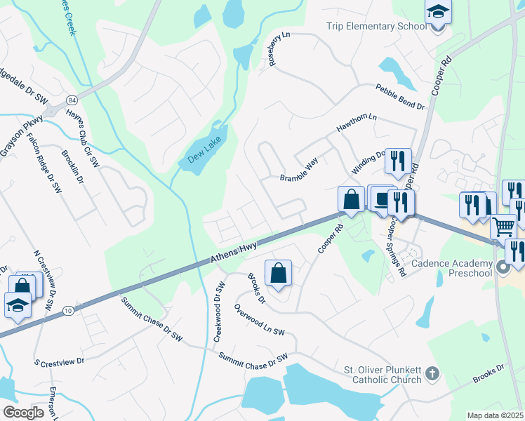 map of restaurants, bars, coffee shops, grocery stores, and more near 124 Camry Lane Southwest in Grayson