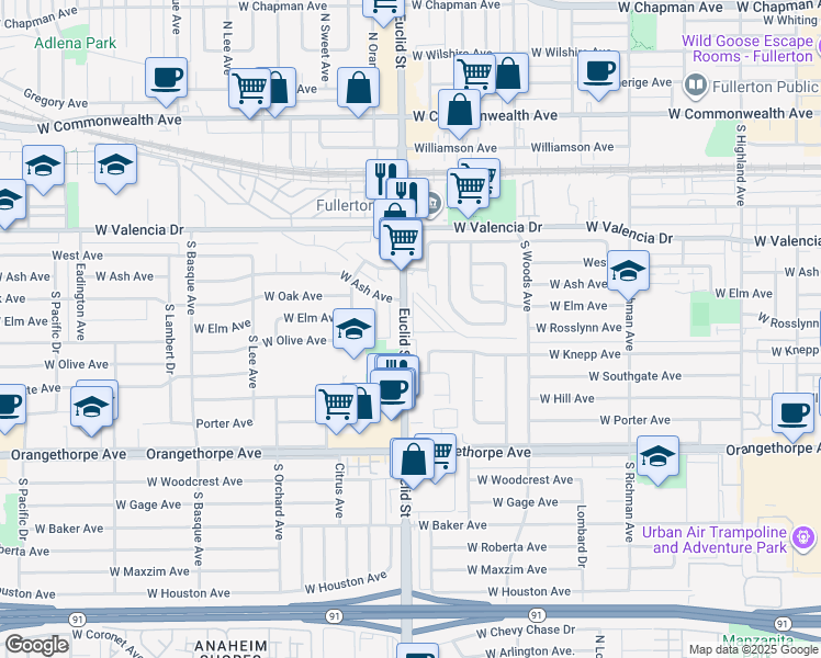map of restaurants, bars, coffee shops, grocery stores, and more near 718 South Euclid Street in Fullerton
