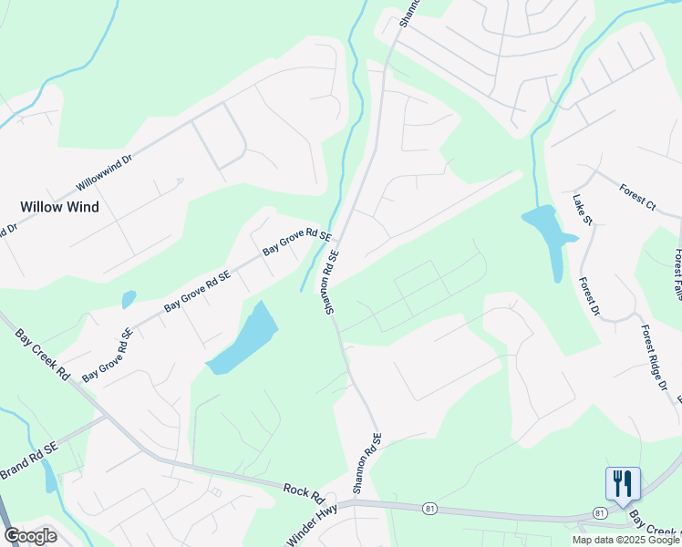 map of restaurants, bars, coffee shops, grocery stores, and more near 715 Shannon Road Southeast in Loganville