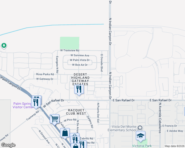 map of restaurants, bars, coffee shops, grocery stores, and more near 325 East Avenue Cerca in Palm Springs