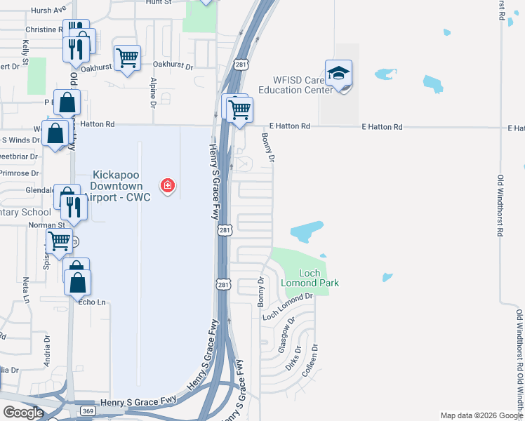 map of restaurants, bars, coffee shops, grocery stores, and more near 124 Dundee Drive in Wichita Falls