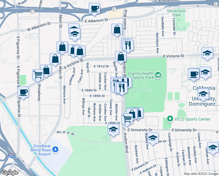 map of restaurants, bars, coffee shops, grocery stores, and more near 18329 Towne Avenue in Carson
