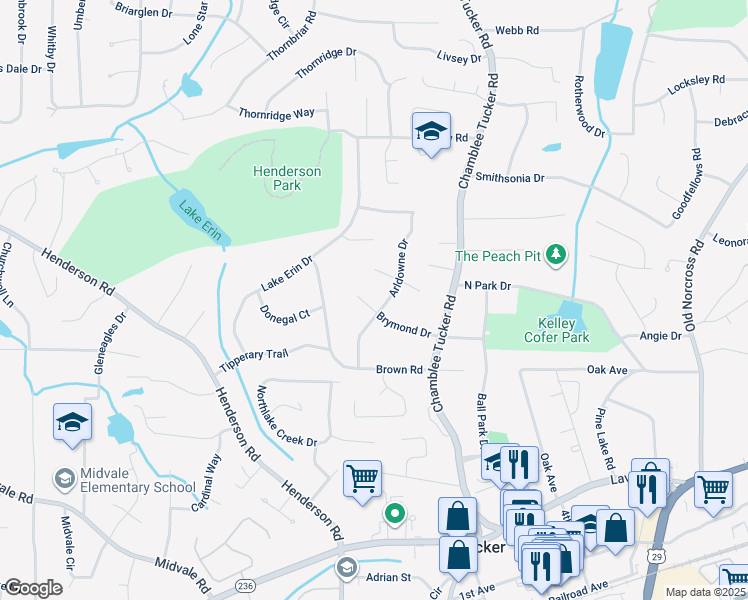 map of restaurants, bars, coffee shops, grocery stores, and more near 4066 Brymond Court in Tucker