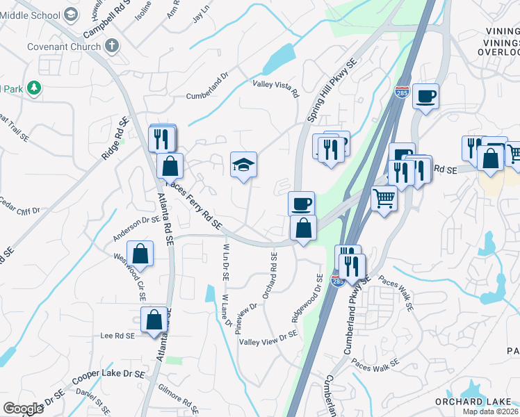 map of restaurants, bars, coffee shops, grocery stores, and more near 3687 Spring Hill Road Southeast in Smyrna