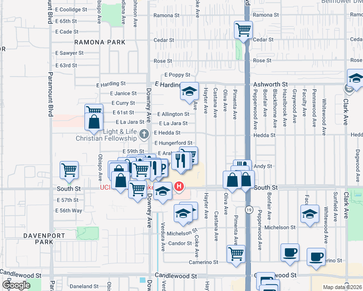map of restaurants, bars, coffee shops, grocery stores, and more near 3722 East Hungerford Street in Long Beach