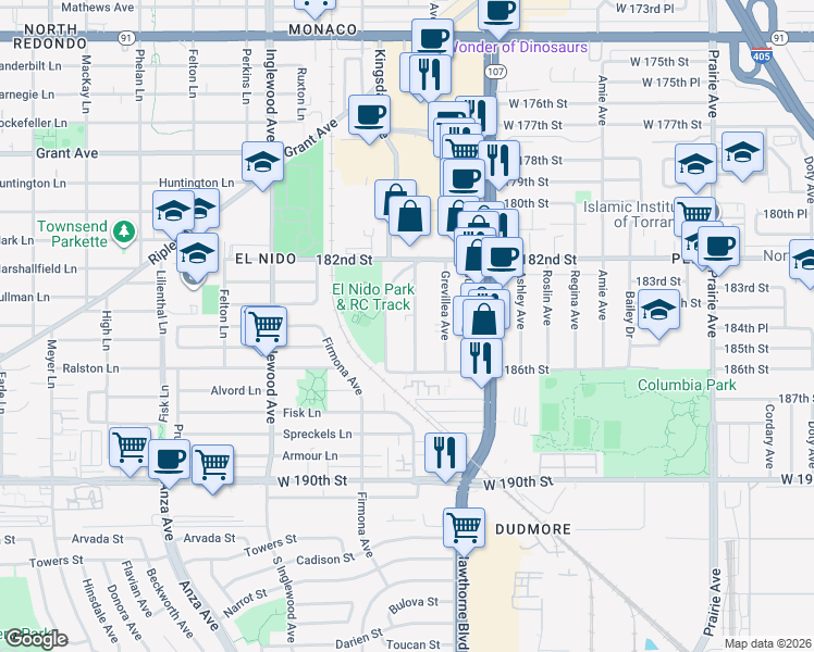 map of restaurants, bars, coffee shops, grocery stores, and more near 18321 Mansel Avenue in Redondo Beach