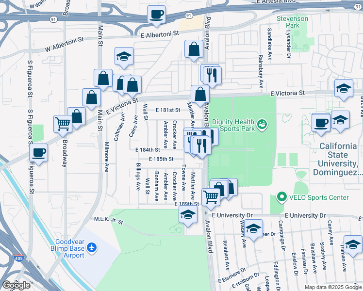 map of restaurants, bars, coffee shops, grocery stores, and more near 18329 Towne Avenue in Carson