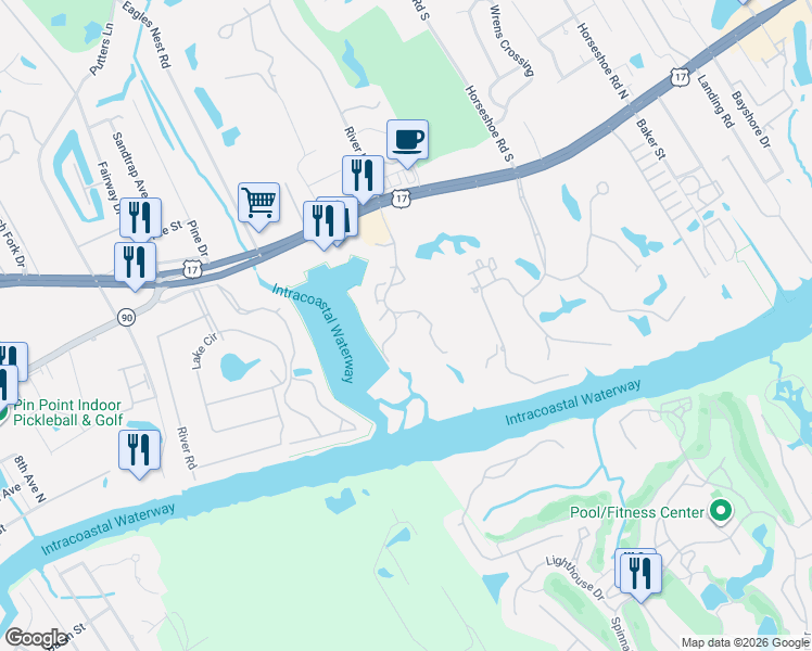 map of restaurants, bars, coffee shops, grocery stores, and more near 4907 Coquina Harbour Drive in Little River