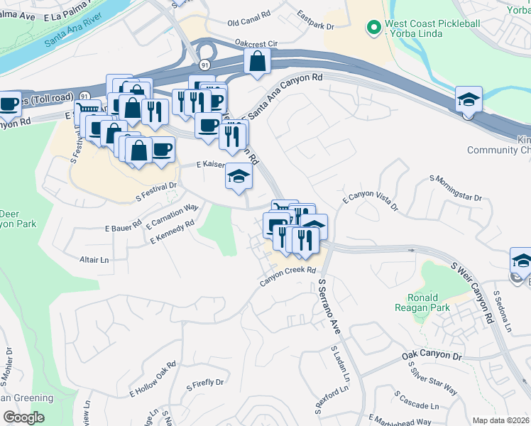 map of restaurants, bars, coffee shops, grocery stores, and more near 8123 East Oak Ridge Circle in Anaheim
