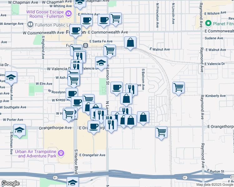 map of restaurants, bars, coffee shops, grocery stores, and more near 349 East Rosslynn Avenue in Fullerton