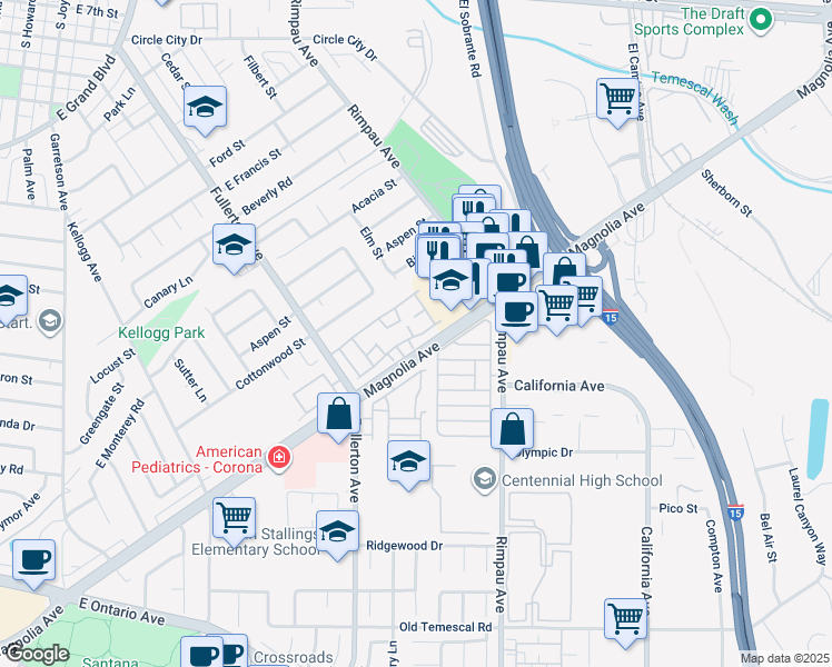 map of restaurants, bars, coffee shops, grocery stores, and more near 1645 Wintergreen Lane in Corona