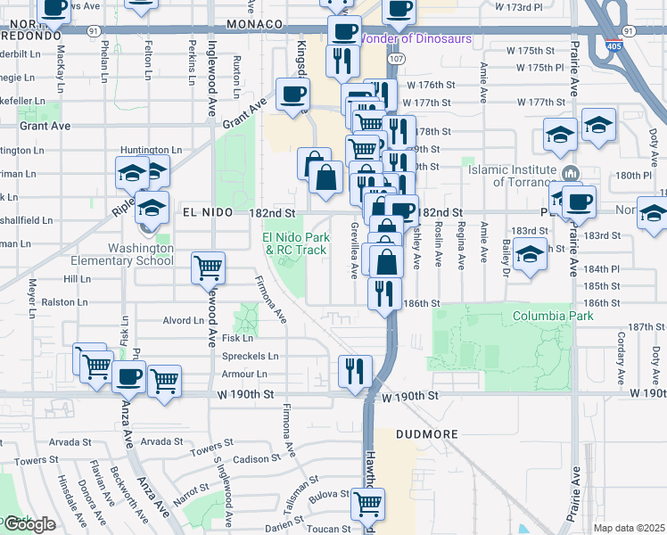 map of restaurants, bars, coffee shops, grocery stores, and more near 18414 Mansel Avenue in Redondo Beach