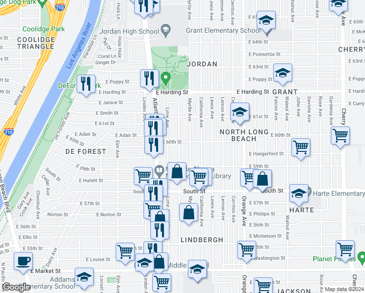 map of restaurants, bars, coffee shops, grocery stores, and more near 5980 Olive Avenue in Long Beach