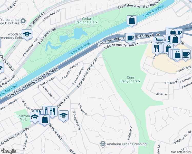 map of restaurants, bars, coffee shops, grocery stores, and more near 7685 East Eucalyptus Way in Anaheim