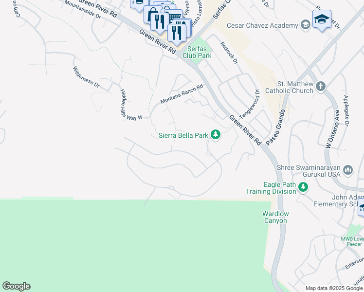 map of restaurants, bars, coffee shops, grocery stores, and more near 2627 Chad Zeller Lane in Corona
