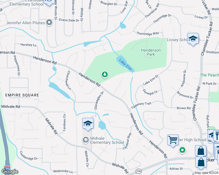 map of restaurants, bars, coffee shops, grocery stores, and more near 2048 Luxuria Court in Tucker