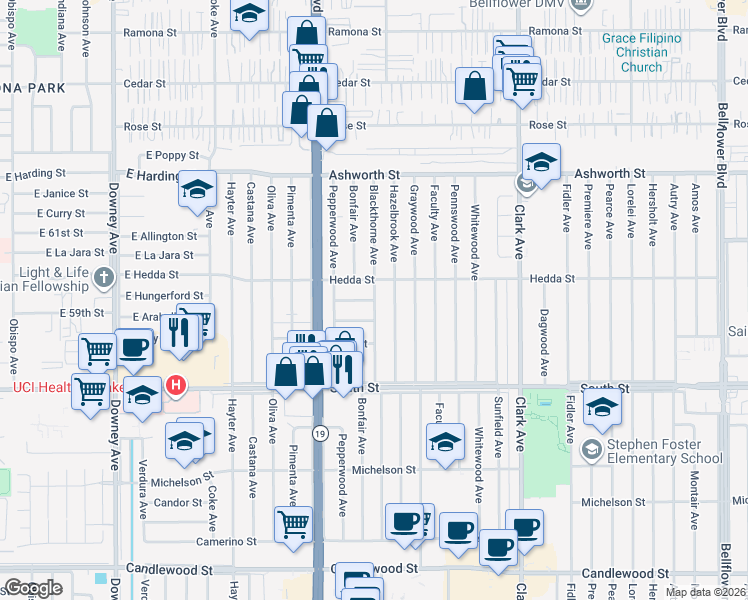 map of restaurants, bars, coffee shops, grocery stores, and more near 4506 Hedda Street in Lakewood