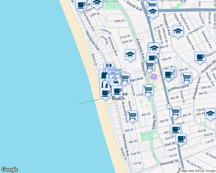 map of restaurants, bars, coffee shops, grocery stores, and more near 66 14th Street in Hermosa Beach