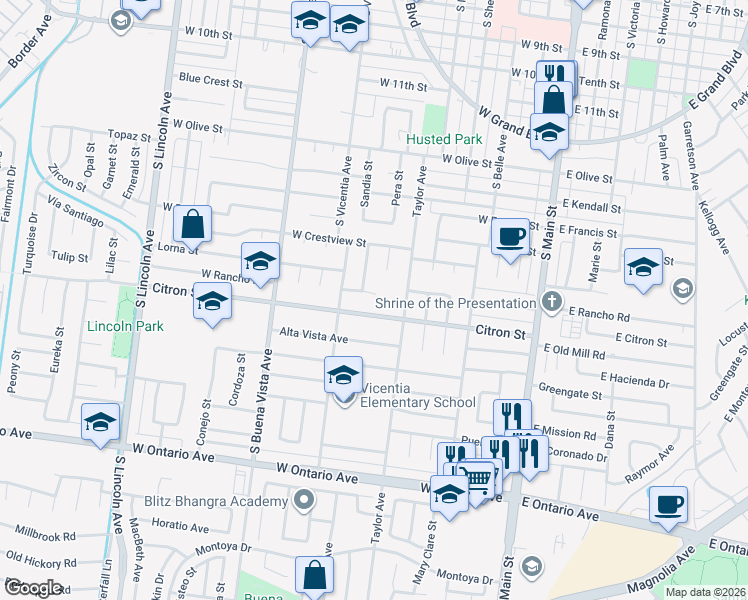 map of restaurants, bars, coffee shops, grocery stores, and more near 1718 Shirley Drive in Corona