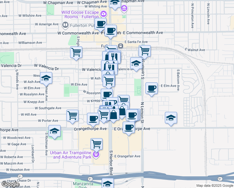 map of restaurants, bars, coffee shops, grocery stores, and more near 711 El Camino Real in Fullerton