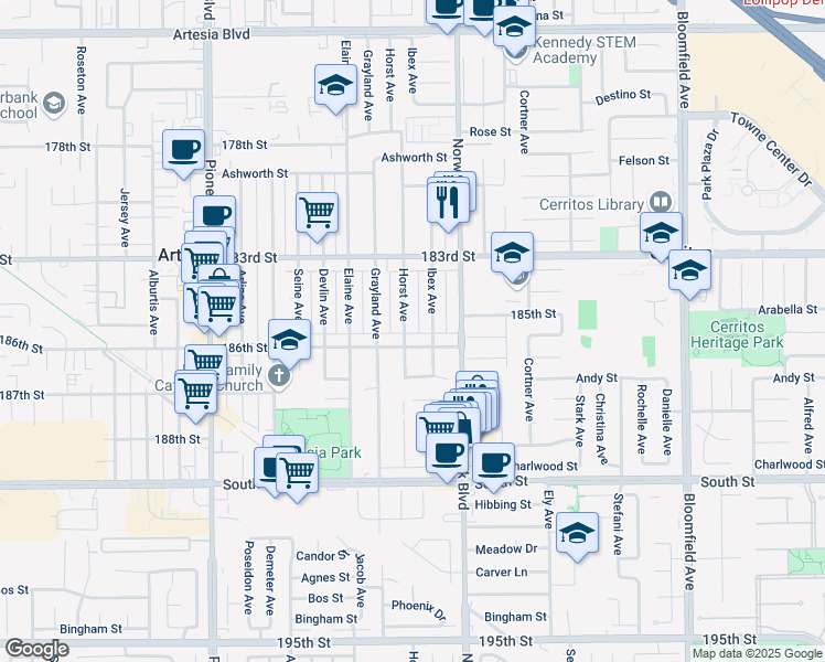 map of restaurants, bars, coffee shops, grocery stores, and more near 18429 Ibex Avenue in Artesia