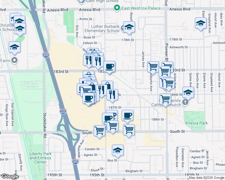 map of restaurants, bars, coffee shops, grocery stores, and more near 11410 184th Street in Artesia