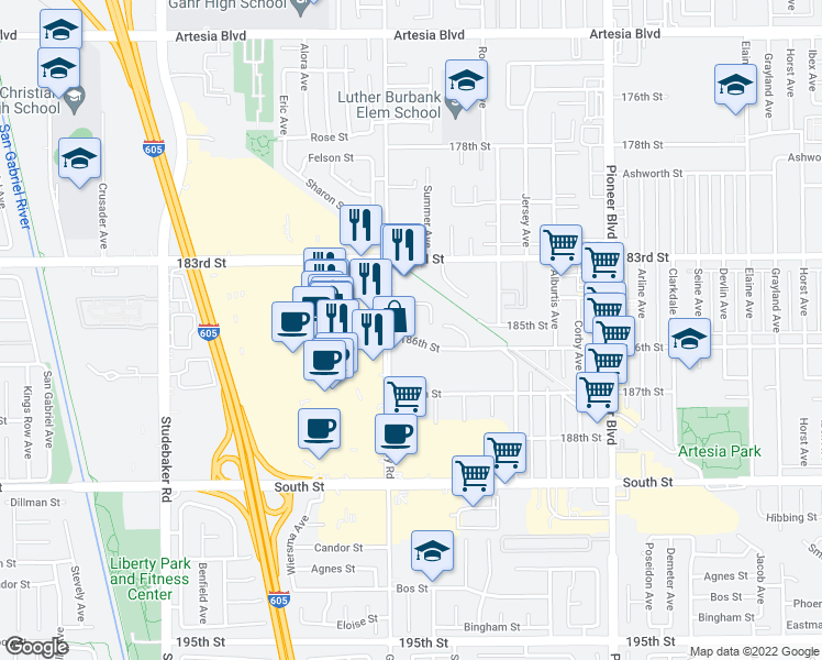 map of restaurants, bars, coffee shops, grocery stores, and more near 11410 184th Street in Artesia