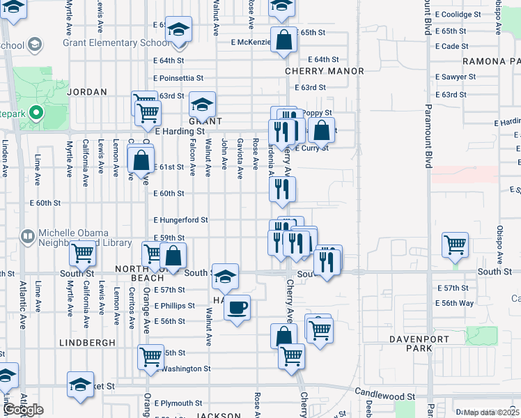 map of restaurants, bars, coffee shops, grocery stores, and more near 5965 Gardenia Avenue in Long Beach
