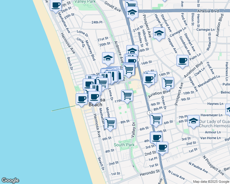 map of restaurants, bars, coffee shops, grocery stores, and more near 1184 Cypress Avenue in Hermosa Beach