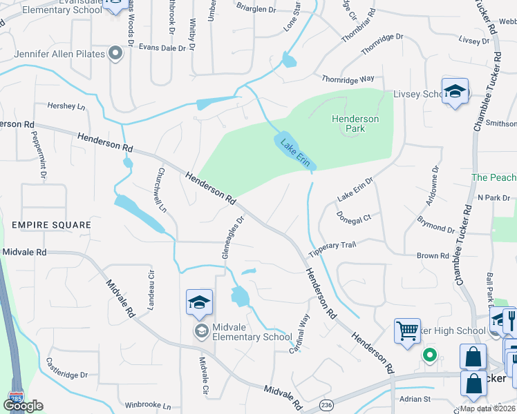 map of restaurants, bars, coffee shops, grocery stores, and more near 2048 Luxuria Court in Tucker