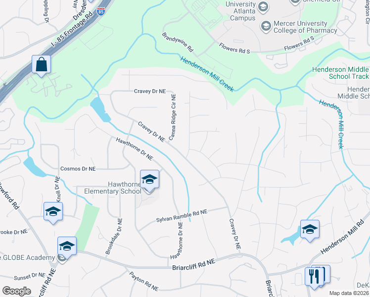 map of restaurants, bars, coffee shops, grocery stores, and more near 2648 Braithwood Road Northeast in Atlanta