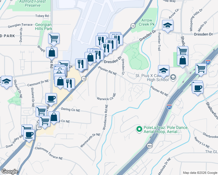map of restaurants, bars, coffee shops, grocery stores, and more near 2627 Woodacres Road Northeast in Atlanta