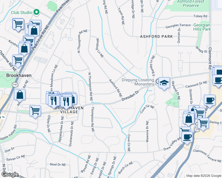 map of restaurants, bars, coffee shops, grocery stores, and more near 1602 Trentwood Place Northeast in Atlanta