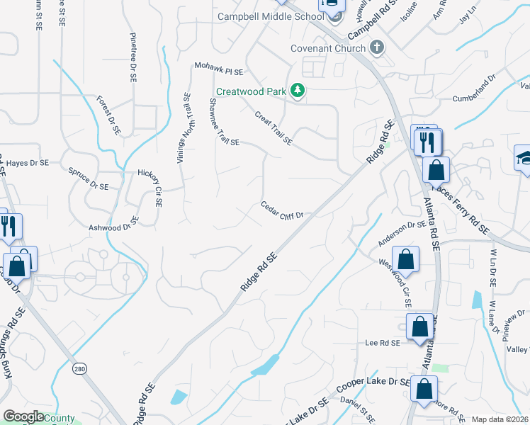 map of restaurants, bars, coffee shops, grocery stores, and more near 1761 Cedar Cliff Drive in Smyrna