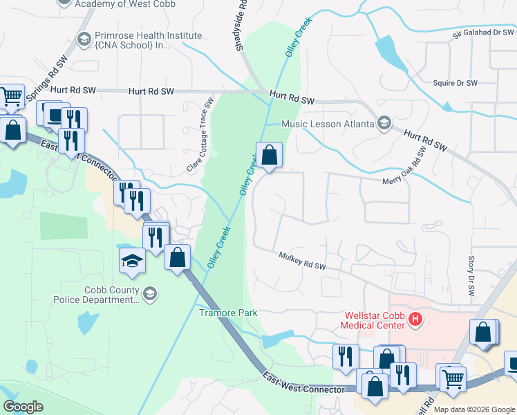 map of restaurants, bars, coffee shops, grocery stores, and more near 2069 Mulkey Road Southwest in Marietta
