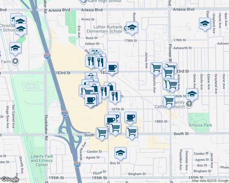 map of restaurants, bars, coffee shops, grocery stores, and more near 11421 186th Street in Artesia