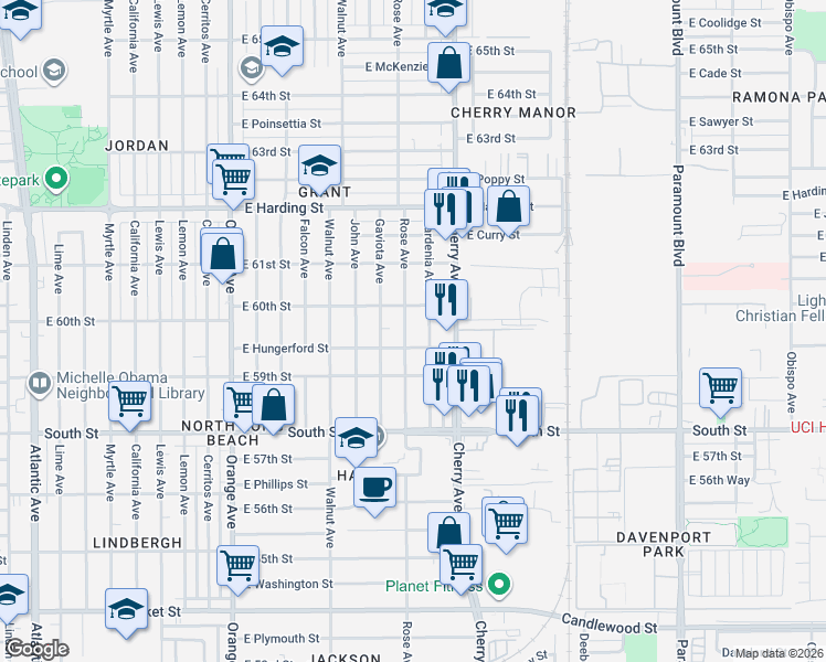 map of restaurants, bars, coffee shops, grocery stores, and more near 5965 Gardenia Avenue in Long Beach