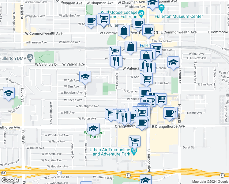 map of restaurants, bars, coffee shops, grocery stores, and more near 805 South Highland Avenue in Fullerton