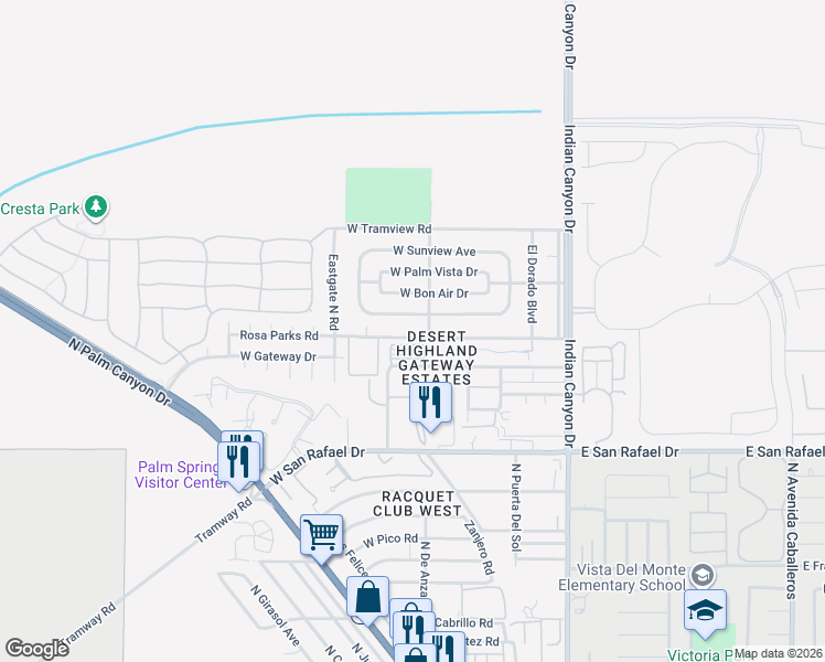 map of restaurants, bars, coffee shops, grocery stores, and more near 416 Rosa Parks Road in Palm Springs