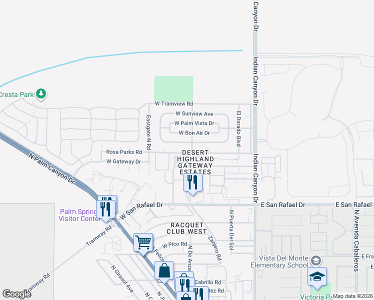 map of restaurants, bars, coffee shops, grocery stores, and more near 416 Rosa Parks Road in Palm Springs