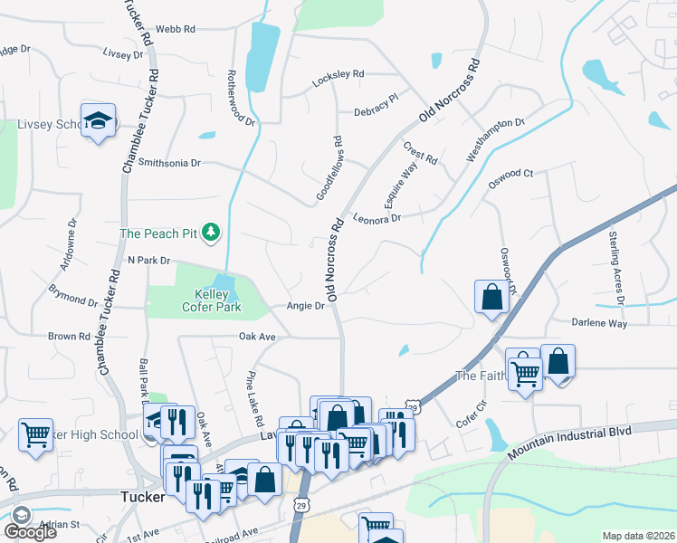 map of restaurants, bars, coffee shops, grocery stores, and more near 2633 Old Norcross Road in Tucker