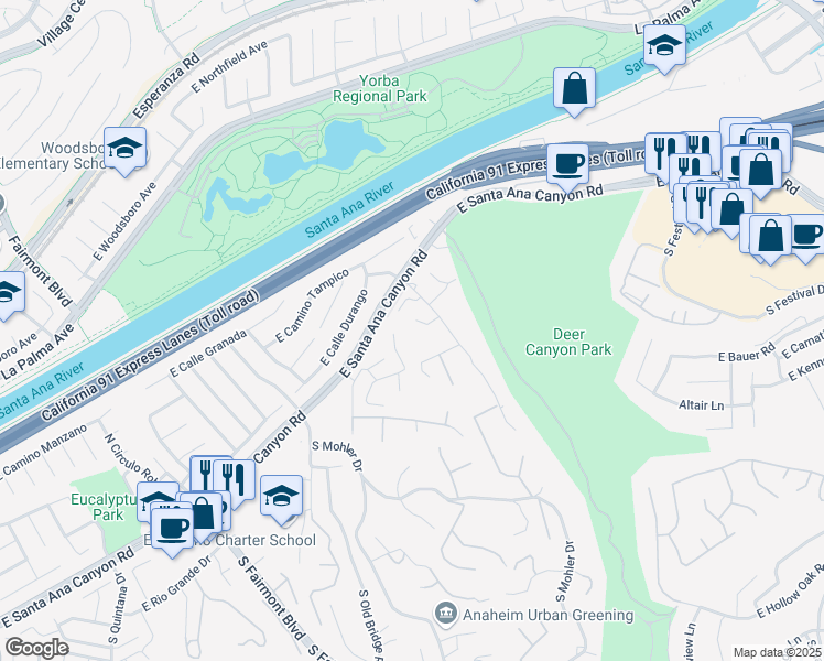 map of restaurants, bars, coffee shops, grocery stores, and more near 7670 East Eucalyptus Way in Anaheim