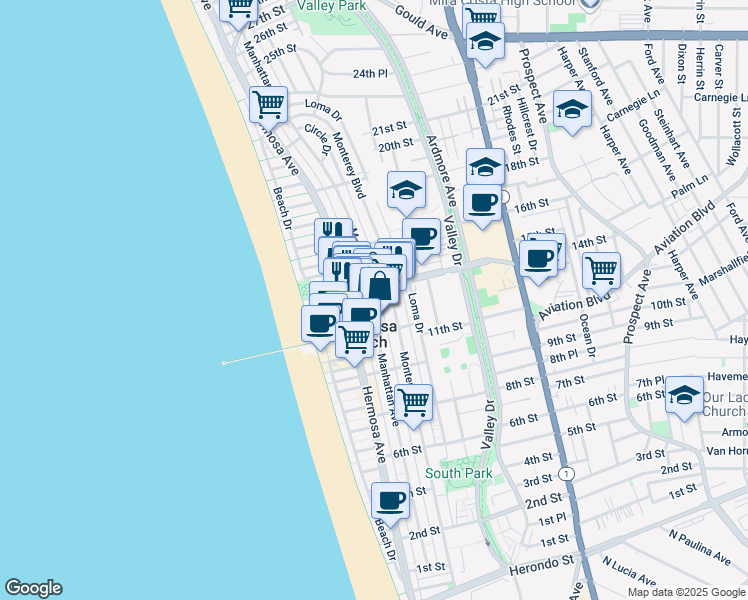 map of restaurants, bars, coffee shops, grocery stores, and more near 1414 Manhattan Avenue in Hermosa Beach
