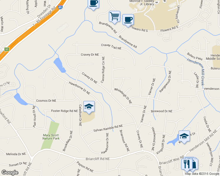 map of restaurants, bars, coffee shops, grocery stores, and more near 2648 Braithwood Road Northeast in Atlanta