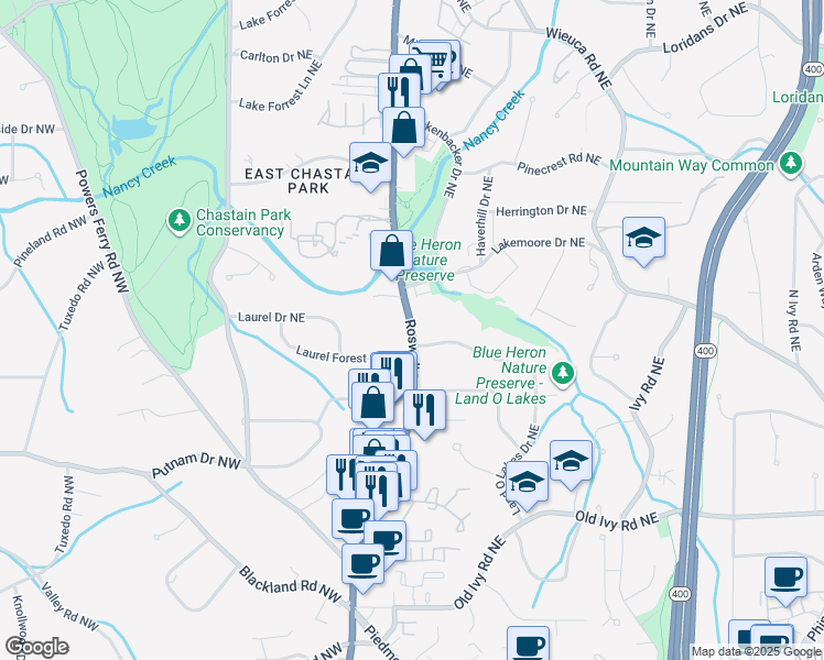 map of restaurants, bars, coffee shops, grocery stores, and more near Roswell Road Northeast in Atlanta