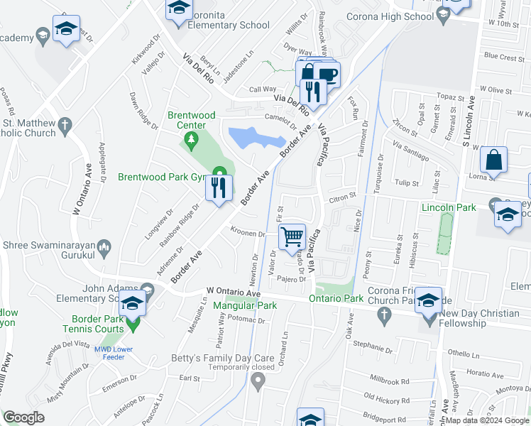 map of restaurants, bars, coffee shops, grocery stores, and more near 1305 Brentwood Circle in Corona