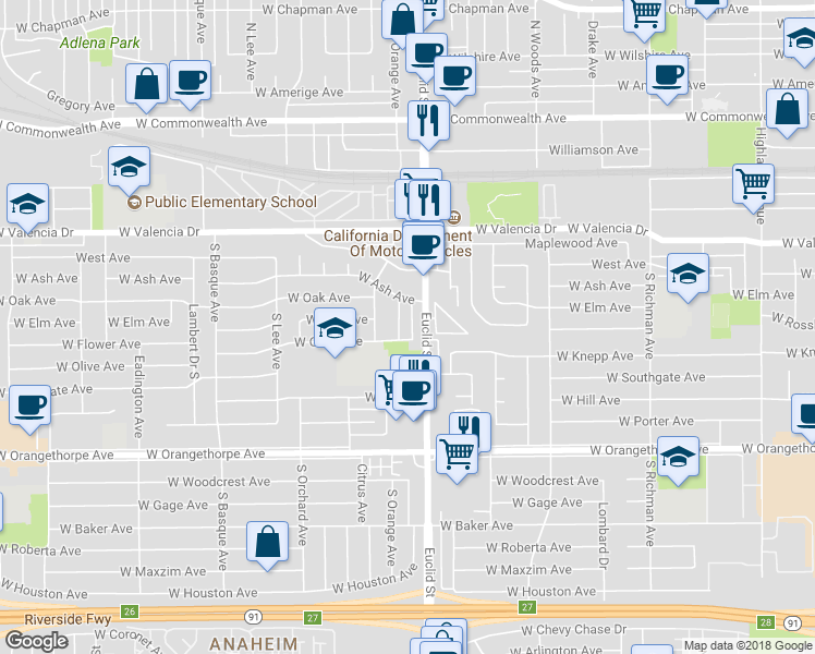 map of restaurants, bars, coffee shops, grocery stores, and more near 708 South Orange Avenue in Fullerton