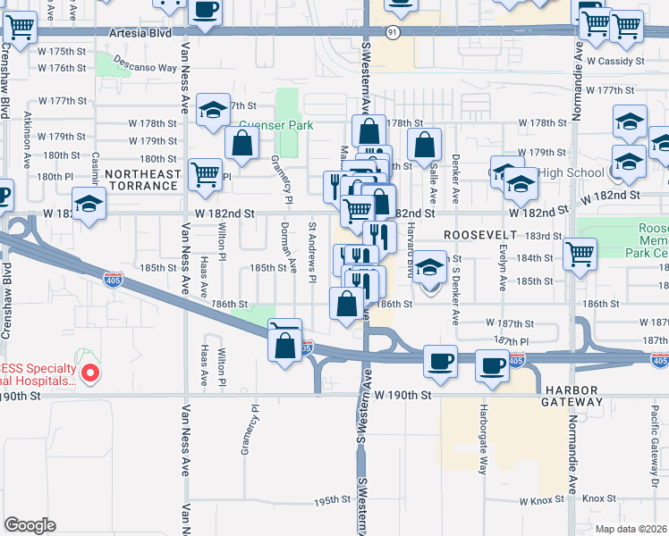 map of restaurants, bars, coffee shops, grocery stores, and more near 18426 Manhattan Place in Torrance