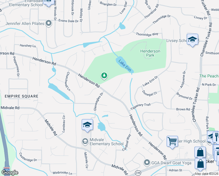 map of restaurants, bars, coffee shops, grocery stores, and more near 2048 Luxuria Court in Tucker
